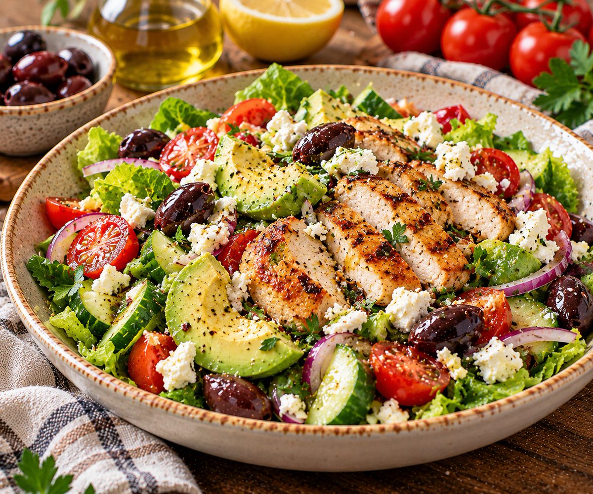 marianacooking's tweet photo. Juicy chicken, creamy avocado, feta and olives — this is the kind of salad that never feels like a side dish.

Ingredients:
• 1.8 kg roasted chicken, at room temperature
• 2 romaine lettuce hearts
• 4 tomatoes
• 3 spring onions
• 2 ripe avocados
• 3 tbsp lemon juice, plus extra for the avocado
• 200 g feta
• ½ tsp dried oregano
• ½ tsp dried mint
• ½ bunch flat-leaf parsley
• 5 tbsp extra-virgin olive oil
• 2 tbsp Kalamata olives
• Salt and black pepper
• Pitta bread, optional

Pull the chicken meat from the bones and roughly shred it. Chop the romaine, cut the tomatoes into wedges and finely slice the spring onions.

Slice the avocados and squeeze over a little lemon juice. Crumble the feta and toss it with the oregano and mint.

Whisk 3 tbsp lemon juice with the olive oil and season with salt and black pepper.

Combine the chicken, lettuce, tomatoes and spring onions. Add most of the dressing, then gently fold through the avocado.

Finish with the feta, Kalamata olives, parsley and the remaining dressing.

Fresh, salty, creamy and filling enough to be the whole meal