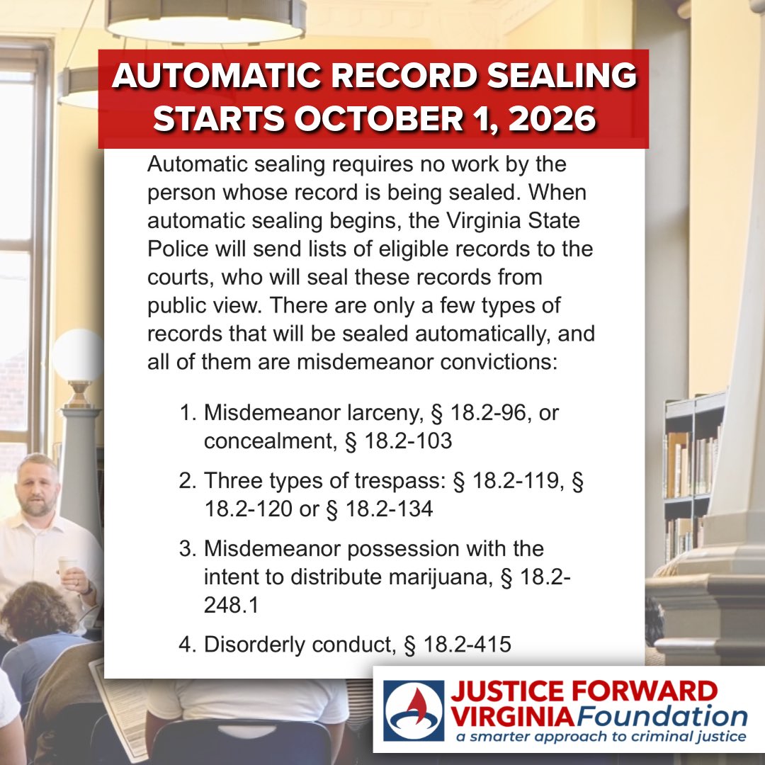 JusticeFwdVa's tweet photo. BIG &amp; BREAKING: After a long, difficult wait, automatic criminal record sealing begins TODAY in VA!!! This requires no work by the person whose record is being sealed. Is my record getting auto sealed? Head to the Justice Forward Foundation for details: https://t.co/oWICZcmkQx https://t.co/1cLQIUMlnH