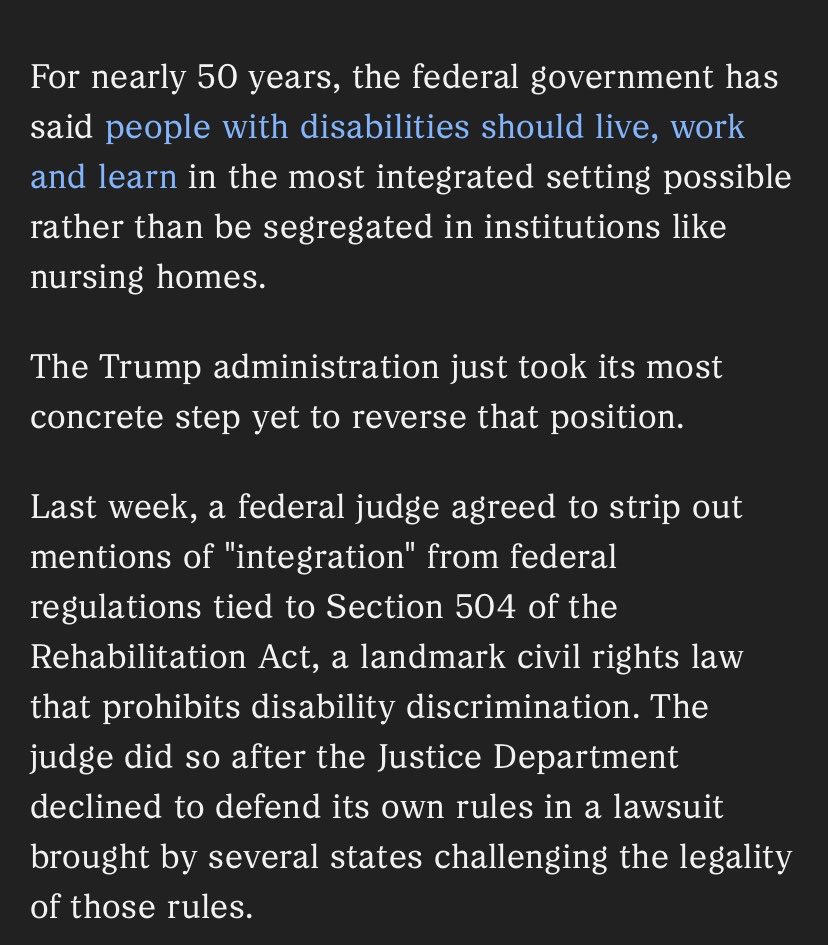 JacksArtchives's tweet photo. A FEDERAL JUDGE JUST AGREED TO STRIP MENTIONS OF “INTEGRATION” FROM REGULATIONS TIED TO SECTION 504. A CIVIL RIGHTS LAW USED TO PROHIBIT DISABILITY DISCRIMINATION.

THIS IS EUGENICS. WAKE UP AND CONNECT THE DOTS. https://t.co/tbys6fyjg4