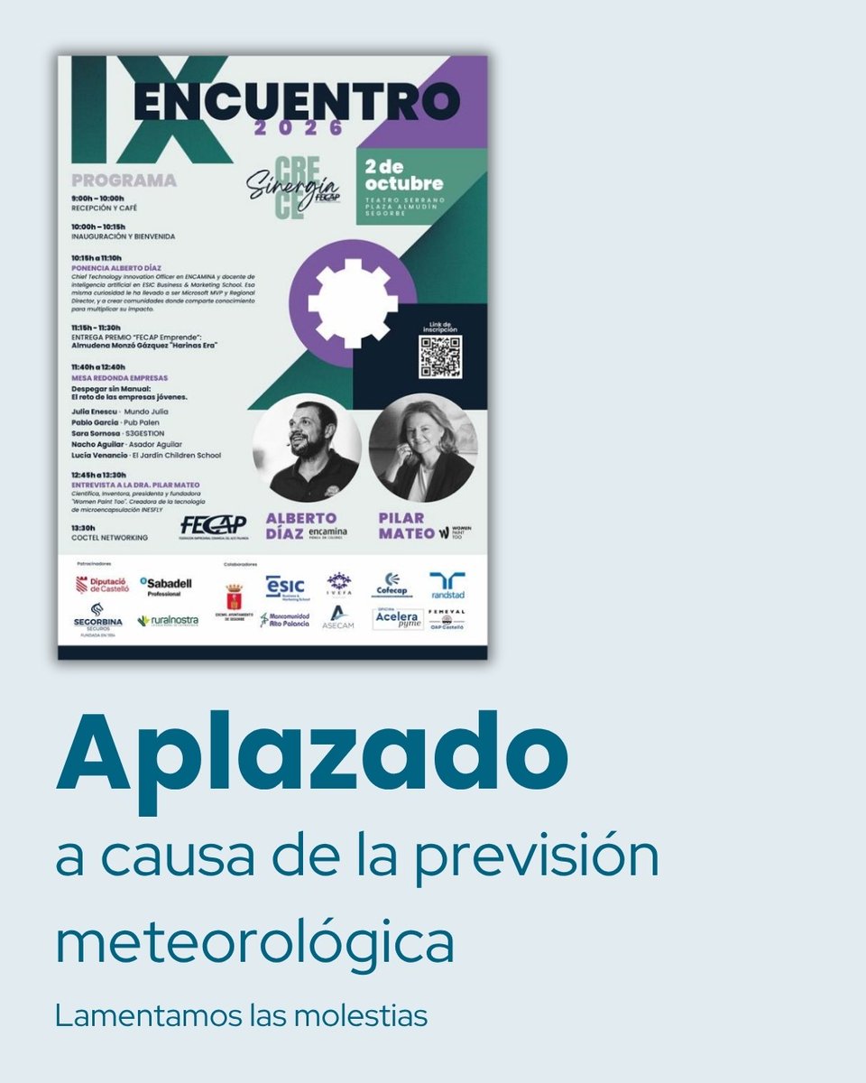 TribunaSegorbe's tweet photo. 🌧️ FECAP aplaza el Encuentro Empresarial SinergiaCrece
📅 La nueva fecha de celebración se comunicará próximamente a las personas inscritas y a través de los canales habituales de FECAP.
👉 https://t.co/U8dKl1iBtr
#FECAP #SinergiaCrece #Segorbe #EncuentroEmpresarial #Empresas https://t.co/IjlOiUCnpE