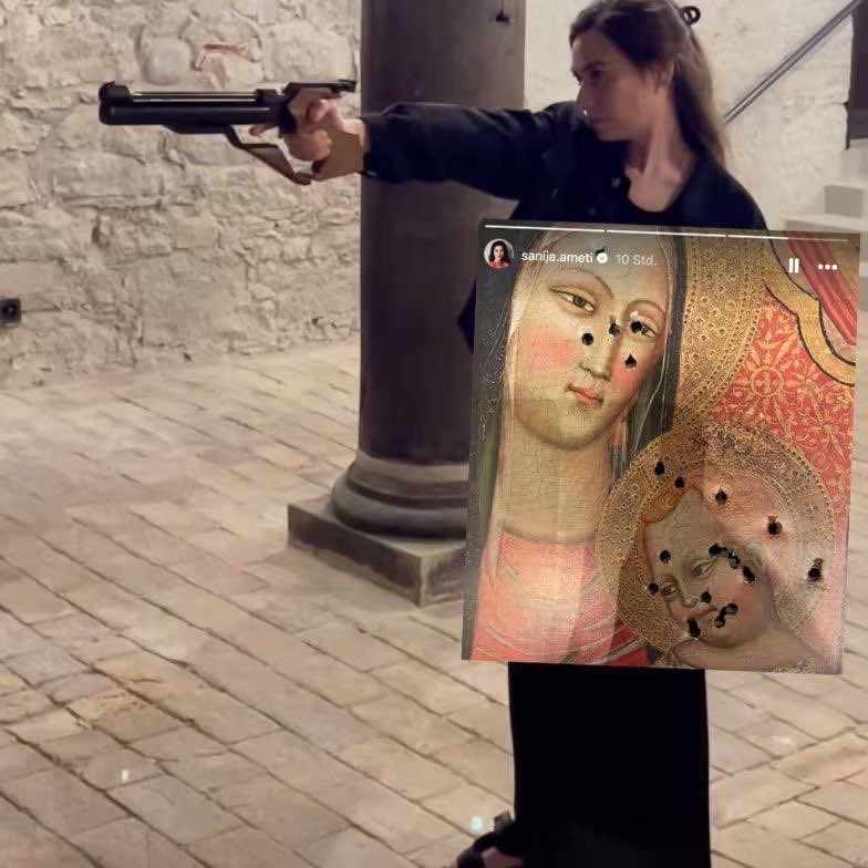 m_durasovic's tweet photo. @lechochretien 🇦🇱Albanian politition Sania Ahmeti shooting in icone of Holy Mary and Jesus Chist icon in church in Wien! 
95% of population in 🇦🇱Albania are muslims. https://t.co/HQdS1cOy0e