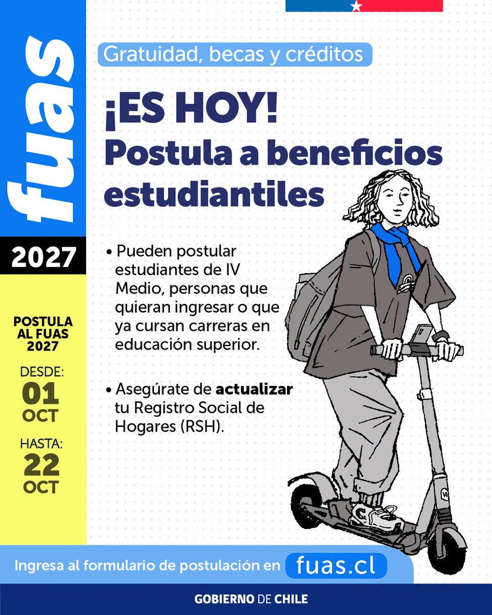 AyudaMineduc's tweet photo. ¡Llegó el día!  
Desde hoy hasta el 22 de octubre podrás completar el formulario para acceder a beneficios estudiantiles como becas, créditos y gratuidad.  *Asegúrate de que tu Registro Social de Hogares esté actualizado.  🔗 https://t.co/cNBN7fVTgA https://t.co/cOMlMlKo2r