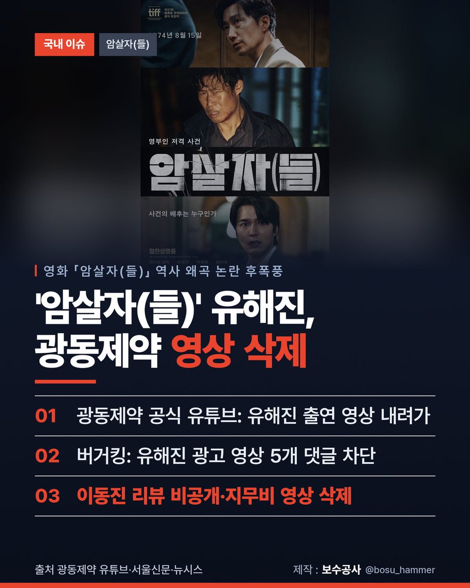 bosu_hammer's tweet photo. 육영수 여사 피격 사건을 다룬
영화 「암살자(들)」 후폭풍이
광고까지 번졌습니다.

광동제약 공식 유튜브에서
배우 유해진 씨가 나온 영상이
내려갔습니다.

버거킹은 유해진 씨 광고 영상
5개의 댓글을 막았고,
이동진 리뷰와 지무비 영상도
비공개·삭제됐습니다.
#암살자들 https://t.co/23uO0j0XPZ