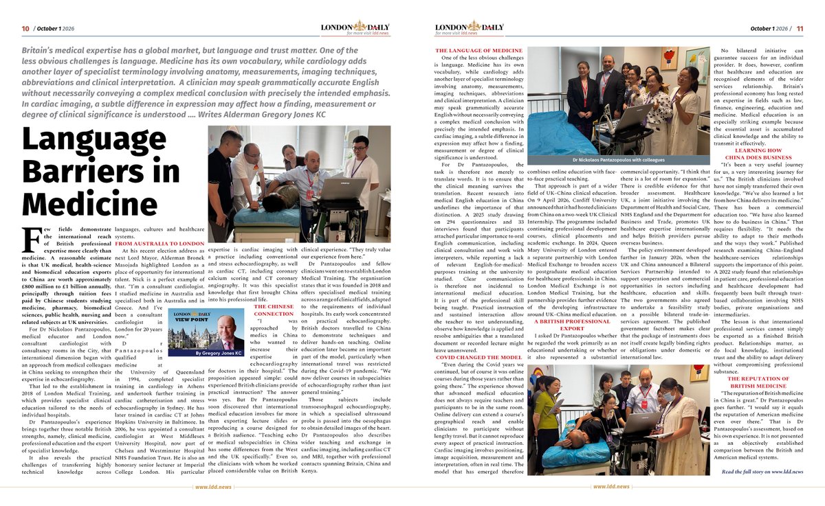 LDNDailyDigital's tweet photo. Britain’s medical expertise has a global market, but language and trust matter. One of the less obvious challenges is language. Medicine has its own vocabulary, while cardiology adds another layer of specialist terminology involving anatomy, measurements, imaging techniques, abbreviations and clinical interpretation. A special op-edit article by @GregoryJonesCC  KCLanguage Barriers in Medicine – London Daily Digital https://t.co/aKsGXY5qca @TheBMA @RoySocMed @ChineseEmbinUK @UKChinaEdu @UK_CHINA_BIZ