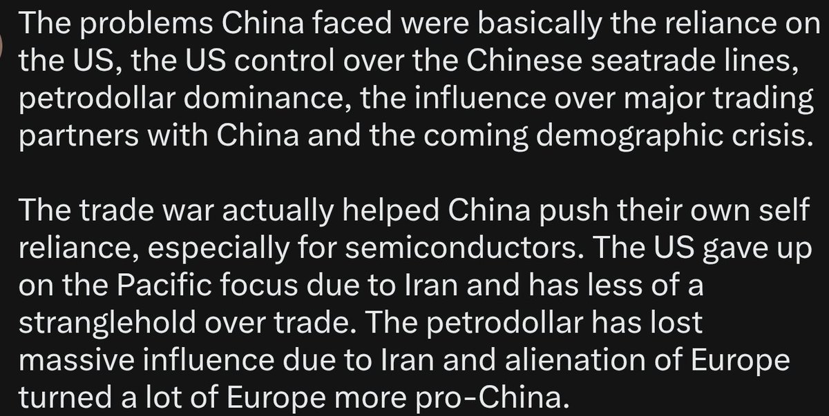 MadCatSith's tweet photo. @CaleJoh73180361 @beanwenc7 @AnalyticaCamil1 Tldr: China was unable to really surpass the US due to being entwined with the US. The US forced them to be self reliant and lost influence elsewhere by shooting itself. https://t.co/BNFFYEKEtc