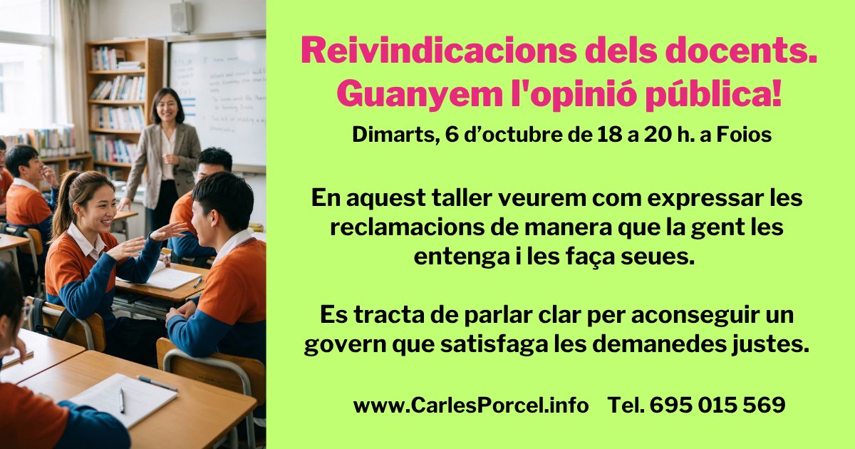 PorcelCarles's tweet photo. Reivindicacions dels docents. Guanyem l'opinió pública!
Dimarts, 6 d’octubre de 18 a 20 h. a Foios 
Un taller per saber com expressar les reclamacions. I fer que la gent les entenga i les faça seues. 
I forçar un canvi de polítiques.

Encara queden places

https://t.co/tuB8bLfV2k https://t.co/kB31271x61