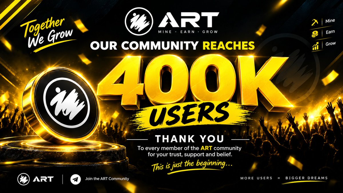 ART_Token_Web's tweet photo. ⚡ART — 400K+ USERS IN JUST 10 DAYS!

🚀 A huge milestone for ART! 400,000+ users have joined our ART Mining Bot in Just 10 days!

🔥 Mining is still ongoing, and ART Miners are actively earning every day.

💎 ART Reward:
→ 200 ART per referral (0.80$)
→ 10 ART per task 
→ Up to 8,000 ART Daily Mine

🌐 ART Listed on TonKeeper & STONFI

🚀ART Top exchange listings are coming soon as we continue expanding the ART ecosystem.

Keep Mining. Keep Earning. The ART journey is just getting started. ⛏️

https://t.co/i7RHLcoto7