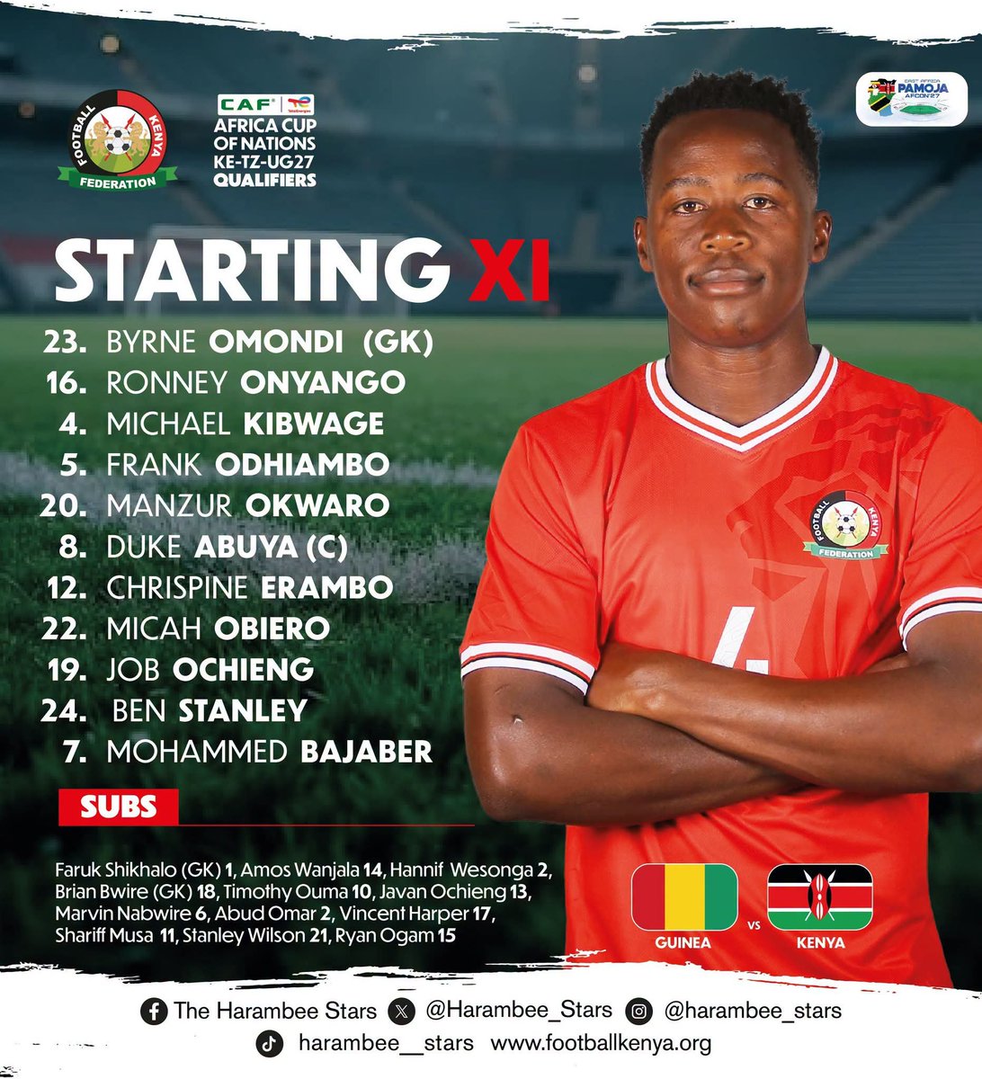 TeyaKevin's tweet photo. How Harambee Stars line up against Guinea. https://t.co/vJ1LLbejsB