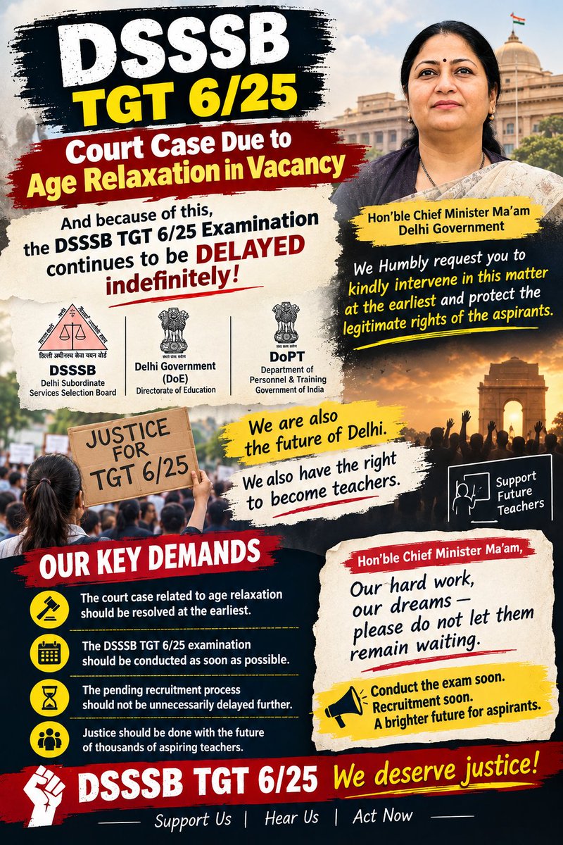 GauravShar31049's tweet photo. @gupta_rekha @PMOIndia @narendramodi @HMOIndia @AmitShah @NitinNabin @BJP4India @BJP4Delhi It has been almost one year since TGT aspirants applied for DSSSB Post Code 6/25, but the examination is still awaited. 
We respectfully request the DoE, DoPT and DSSSB to kindly intervene in the matter and take necessary steps to resolve the pending issue at the earliest.
#dsssb https://t.co/xYS3gx7pTF