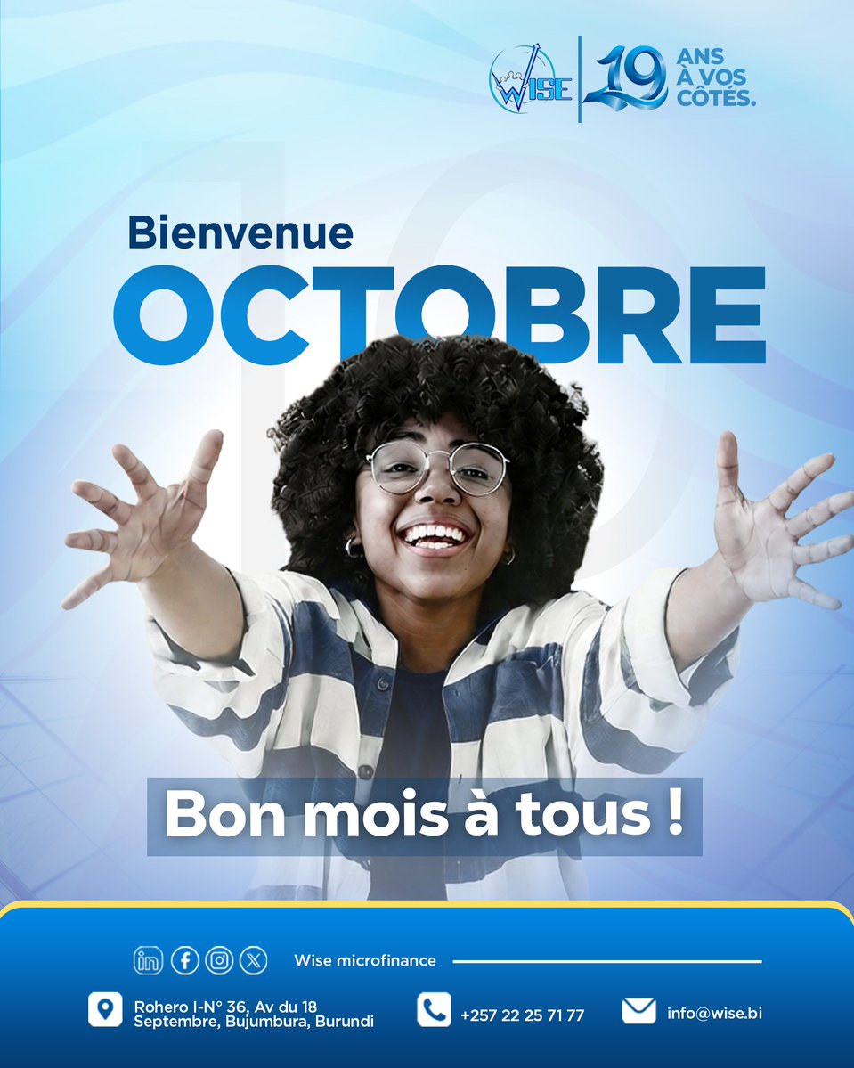 Wise_imf's tweet photo. Bienvenue OCTOBRE ! 🥳

On vous souhaite à tous un excellent mois d'octobre, plein de projets et de réussites

On reste à vos côtés. Karibu cane !

#WiseMicrofinance #BienvenueOctobre https://t.co/fryQbTeNut