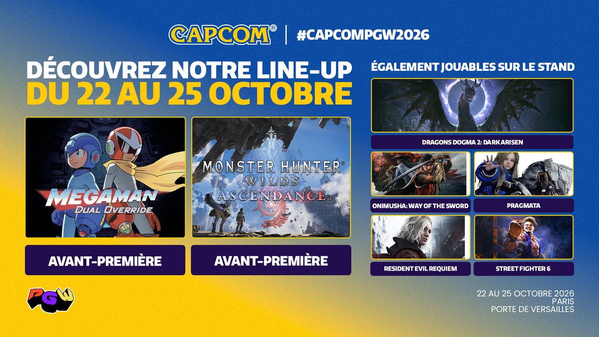 capcom_france's tweet photo. RDV sur le stand #CapcomPGW26 pour découvrir notre incroyable line-up ! 🔥

Du 22 au 25 octobre à la @ParisGamesWeek venez tester nos jeux en avant-première, profiter de notre boutique, monter sur notre scène et gagner des cadeaux.

Plus d'informations à venir ! 👀 https://t.co/KqGE7Pgs5u