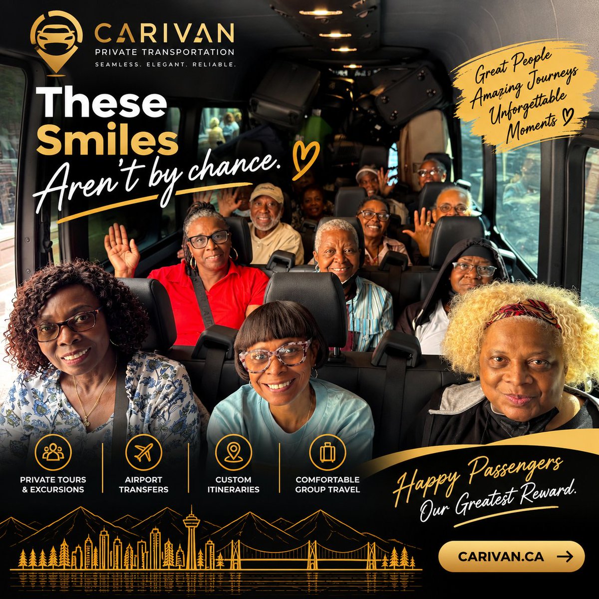 carivan_ca's tweet photo. These smiles aren’t by chance. 😊
Comfortable rides, great company, and journeys worth remembering.
From airport transfers to private tours and group adventures, Carivan makes the journey part of the experience.
Happy passengers. Our greatest reward.
#Carivan #Vancouver https://t.co/q9tYAsnCFI