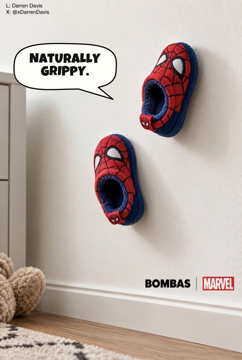 xDarrenDavis's tweet photo. Something fun for today’s @OneMinuteBriefs challenge of the day - 01/10/26

Create posters to advertise #SLIPPERS 🥿

#Advertising #SellMeTheseSlippers #Ad #OneMinuteBrief 

@BOMBAS x @Marvel https://t.co/8rKrGvNxAW