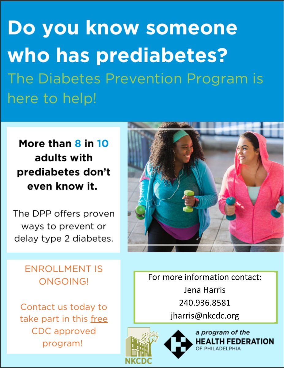 NKCDC's tweet photo. Do you know someone who has prediabetes? NKCDC's Diabetes Prevention Program is here to help!  

NKCDC is currently recruiting participants for our Diabetic Prevention Program. 

Enrollment is ongoing, contact us at jharris@nkcdc.org to take part in this free program! https://t.co/9H5uFx9PjS