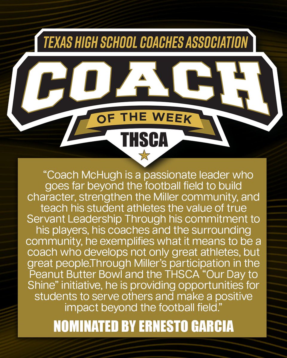 THSCAcoaches's tweet photo. Congratulations to THSCA Coach of the Week, David McHugh from CC Roy Miller HS!💫 You make us #THSCAProud!

@MillerBucNation | @CoachQ33 https://t.co/faSEBUQSJ9