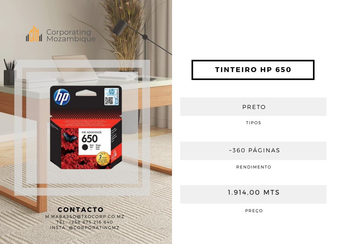 CorporatingMz's tweet photo. 🖋️ Tinteiro HP 650
Economia com Ink Advantage! 💪
✅ Preto
📄 Rendimento: ~360 páginas
💰 1.914,00 MT
🖨️ Impressora: HP Deskjet Ink Advantage 1015, 1515, 2515, 2545, 2645, 3515, 3545, 4645
📍 Av. Mao Tsé Tung, Nº 1245 | 📞 875216640 | 📸 @corporatingmz https://t.co/9JDR5N0uAg