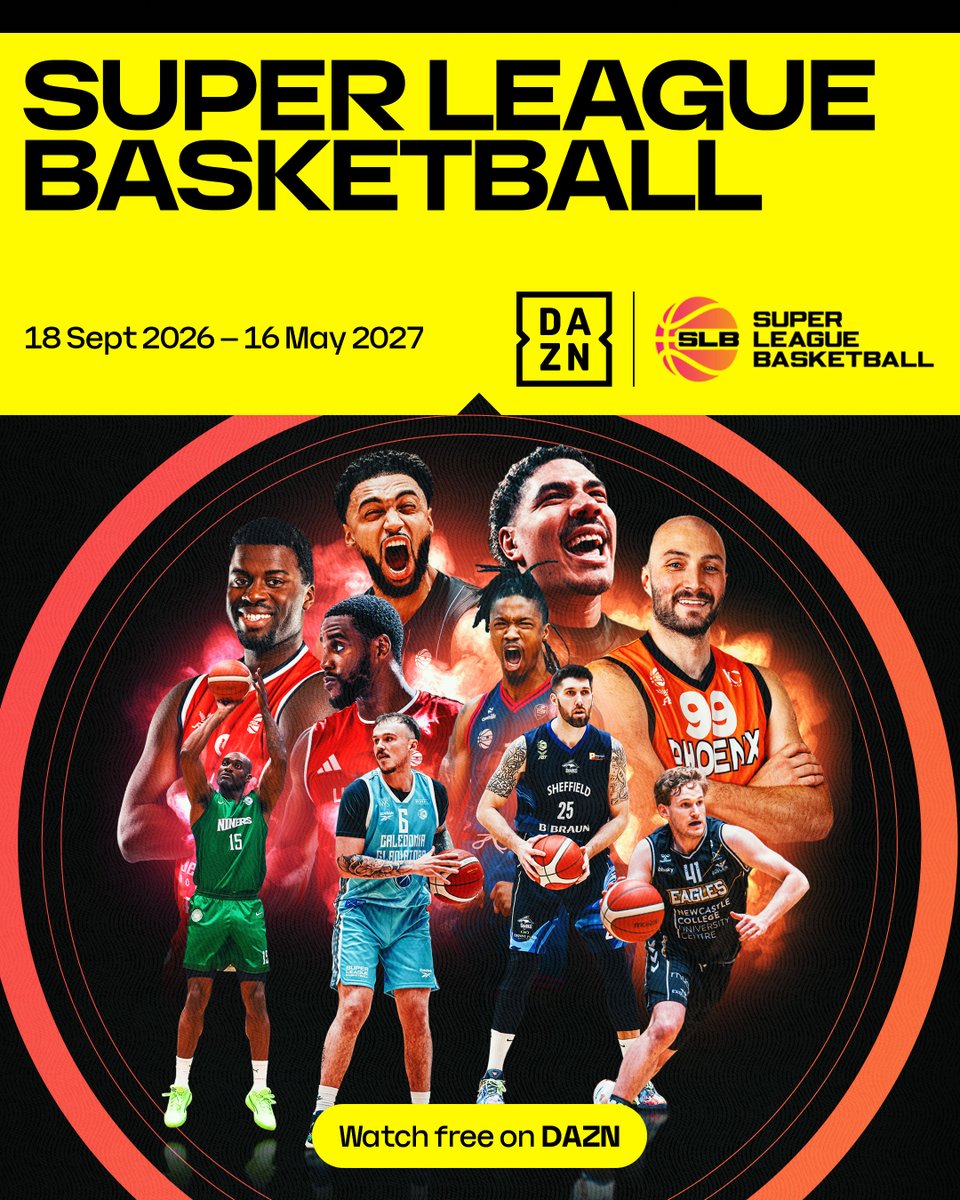 DAZN's tweet photo. Super League Basketball is back for the 2026-27 season, with fans able to watch every Championship, Cup, and Play-Off game live and on demand on DAZN 🏀

The highest level of professional men's basketball in Great Britain, it features 10 teams:

- Bristol Flyers
- Caledonia Gladiators
- Cheshire Phoenix
- Leicester Riders
- Liverpool Basketball
- London Lions
- Manchester Basketball
- Newcastle Eagles
- Sheffield Sharks
- Surrey 89ers

#SLB | @SprLeagueBballM