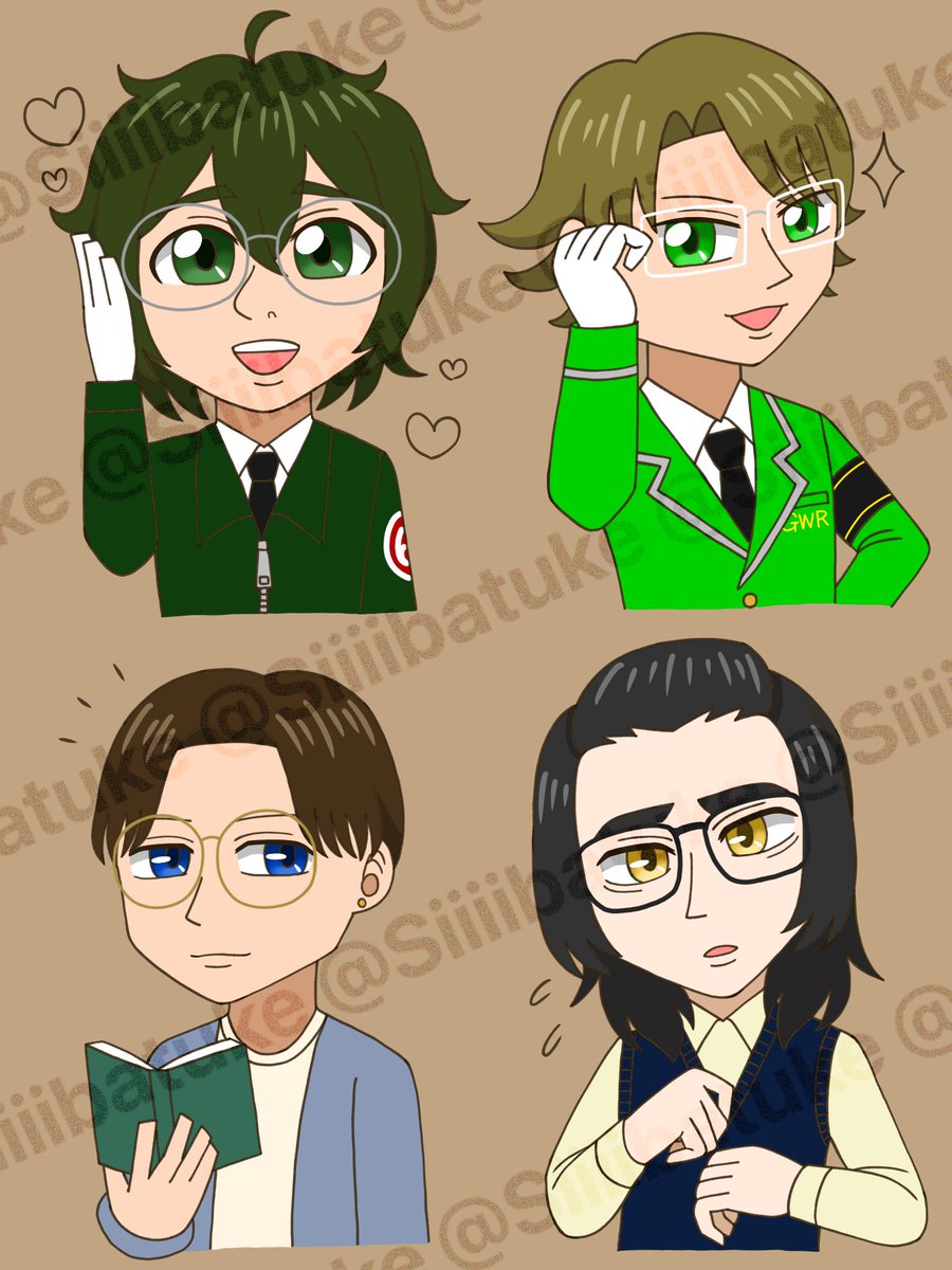 Siiiibatuke's tweet photo. #しばづけ宅のぎかんしゃ達
#擬人化きかんしゃ
#tttehumanized
昨日はメガネの日、ということでメガネといえばウィフくん👓💕
加えてメガネ似合いそうな人選でタ"ック、ティモシ〜くん、サニ〜くん💕
何気にティモサニ🦕☀️
2枚目はメガネoff ver. https://t.co/wNZtCUlBwi