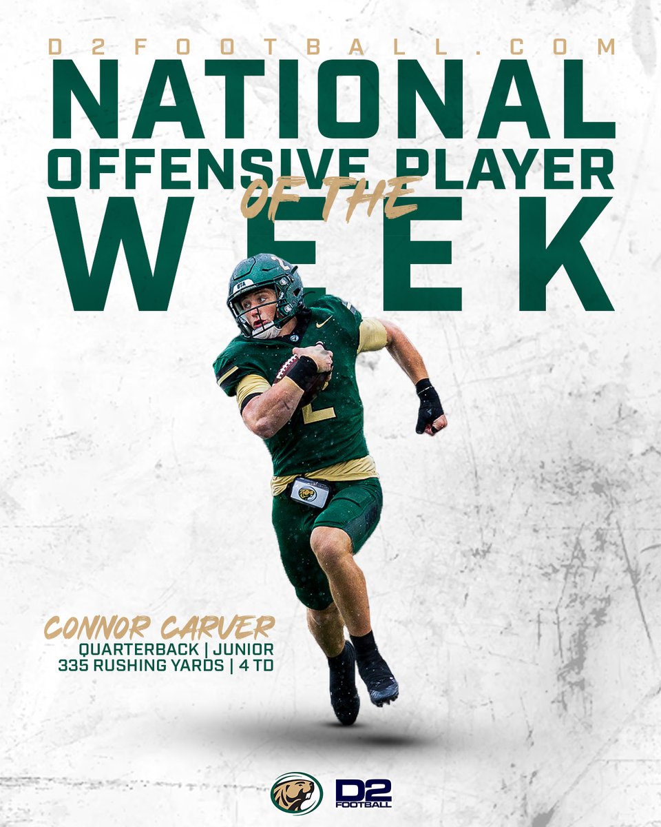 BSUBeaversFB's tweet photo. The nation is watching ๐
@ConnorCarver3 is the @D2Football NATIONAL Offensive Player of the Week!
#GrindTheAxe #BeaverTerritory @NorthernSunConf https://t.co/Mw0wLww4Wq