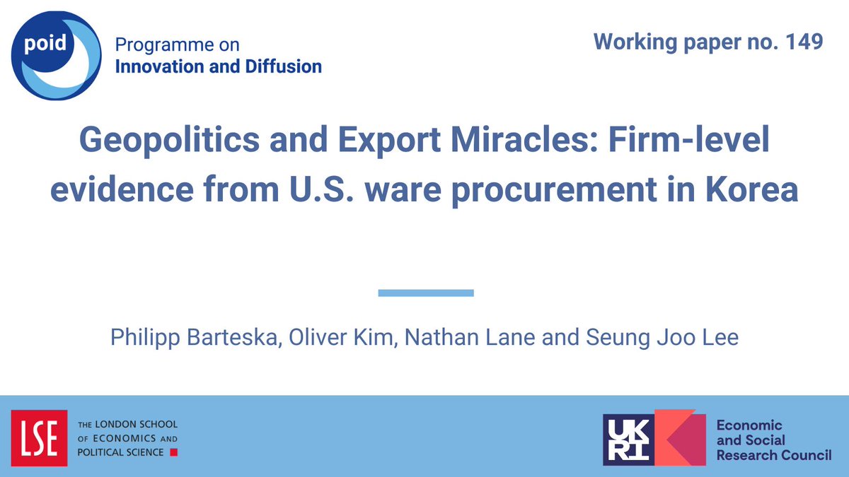 POID_LSE's tweet photo. Read the latest #POIDWorkingPaper: Geopolitics and Export Miracles: Firm-level evidence from U.S. ware procurement in Korea
By Philipp Barteska, Oliver Kim, Nathan Lane and Seung Joo Lee
https://t.co/9jT1nZjTpV https://t.co/PDWmWs4oDq