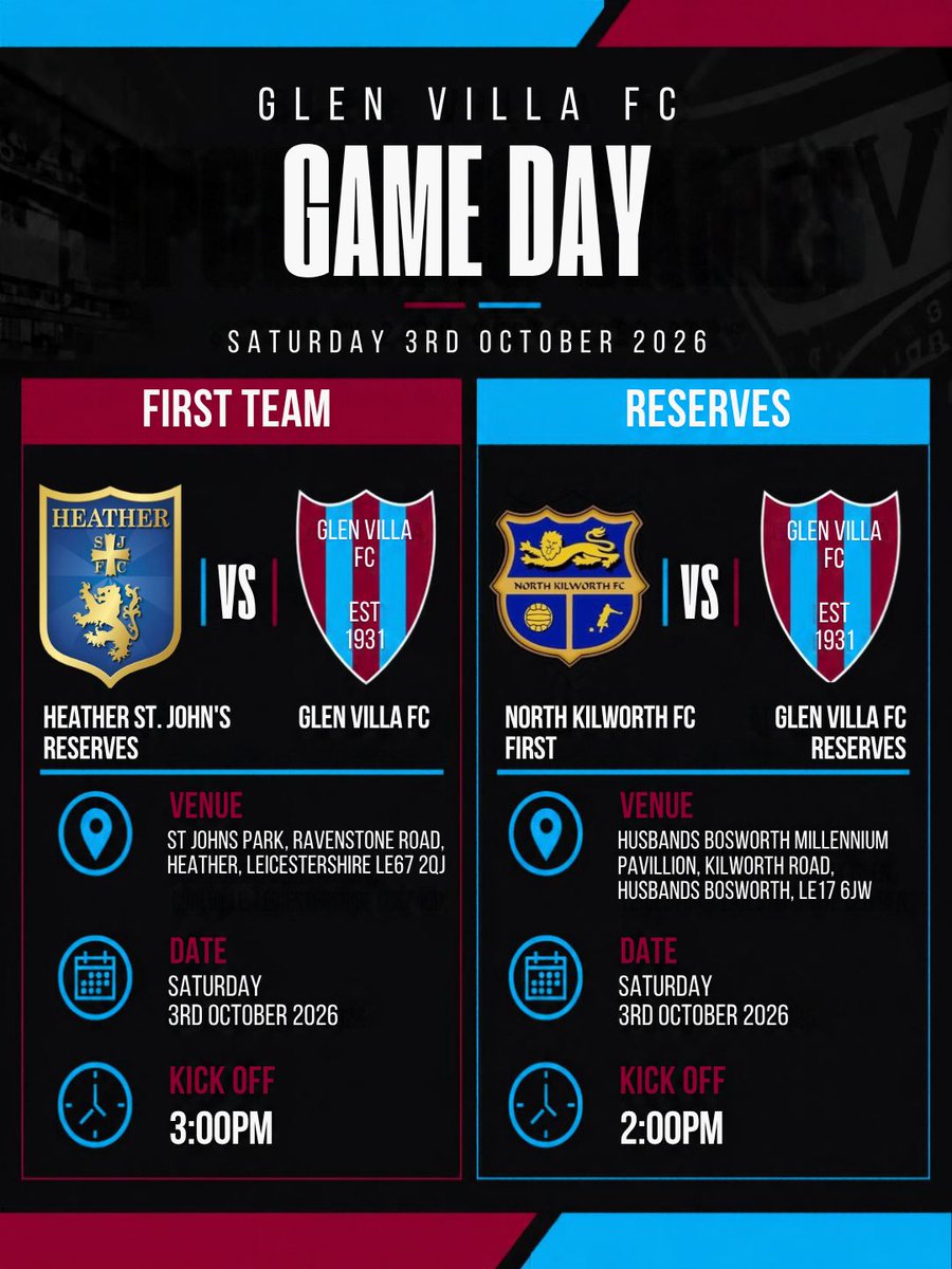 GlenVillaFC's tweet photo. ⚽ GAME DAY
Both Glen Villa sides are on the road today! 🔴🔵
First Team 🆚 Heather St. John’s Reserves | 3pm
Reserves 🆚 North Kilworth FC First | 2pm
Come on, Villa! 💪⚽
#GlenVillaFC #GVFC https://t.co/M5sOcQ9g8m