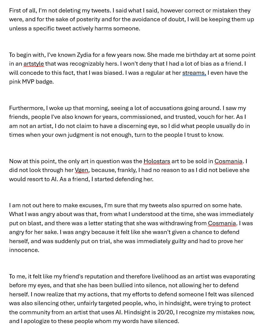 Mikadosama_ch's tweet photo. Here's my statement after the Zydia - AI Art mess.

I was wrong about the underlying issue regarding the use of AI. I owe an apology to the people I hurt while trying to defend Zydia. 

All my previous tweets will remain up for the sake of honesty. https://t.co/LsorhWYM2G