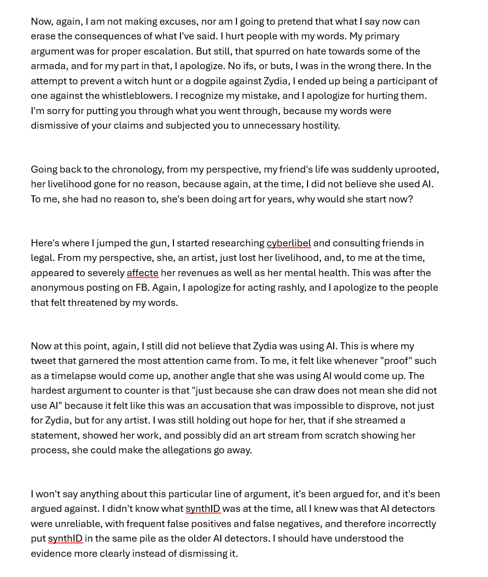 Mikadosama_ch's tweet photo. Here's my statement after the Zydia - AI Art mess.

I was wrong about the underlying issue regarding the use of AI. I owe an apology to the people I hurt while trying to defend Zydia. 

All my previous tweets will remain up for the sake of honesty. https://t.co/LsorhWYM2G