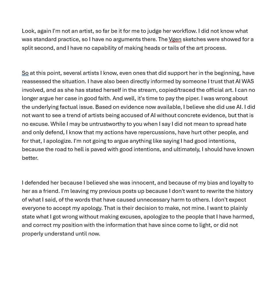 Mikadosama_ch's tweet photo. Here's my statement after the Zydia - AI Art mess.

I was wrong about the underlying issue regarding the use of AI. I owe an apology to the people I hurt while trying to defend Zydia. 

All my previous tweets will remain up for the sake of honesty. https://t.co/LsorhWYM2G