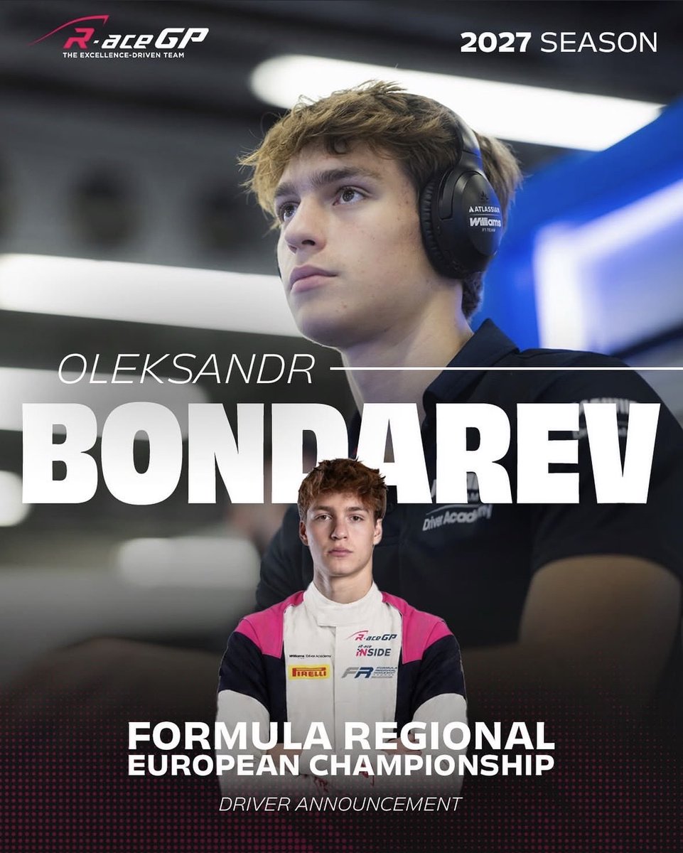 Pilot_Bondarev's tweet photo. I’m really happy to be joining @R_aceGP for my rookie season in FREC, while continuing to be supported by the @WilliamsRacing Driver Academy. A big thank you to the Williams F1 Team Driver Academy and all my partners for their continued and belief in me. https://t.co/NfnEFHYhuc