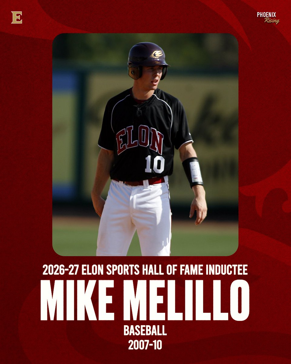 ElonBaseball's tweet photo. One for the history books. 📚

Congratulations to Mike Melillo ‘10 on being named to the Elon Athletics Hall of Fame Class of 2026-27! 

#PhoenixRising | #GoldStandard https://t.co/qEytodCJC4