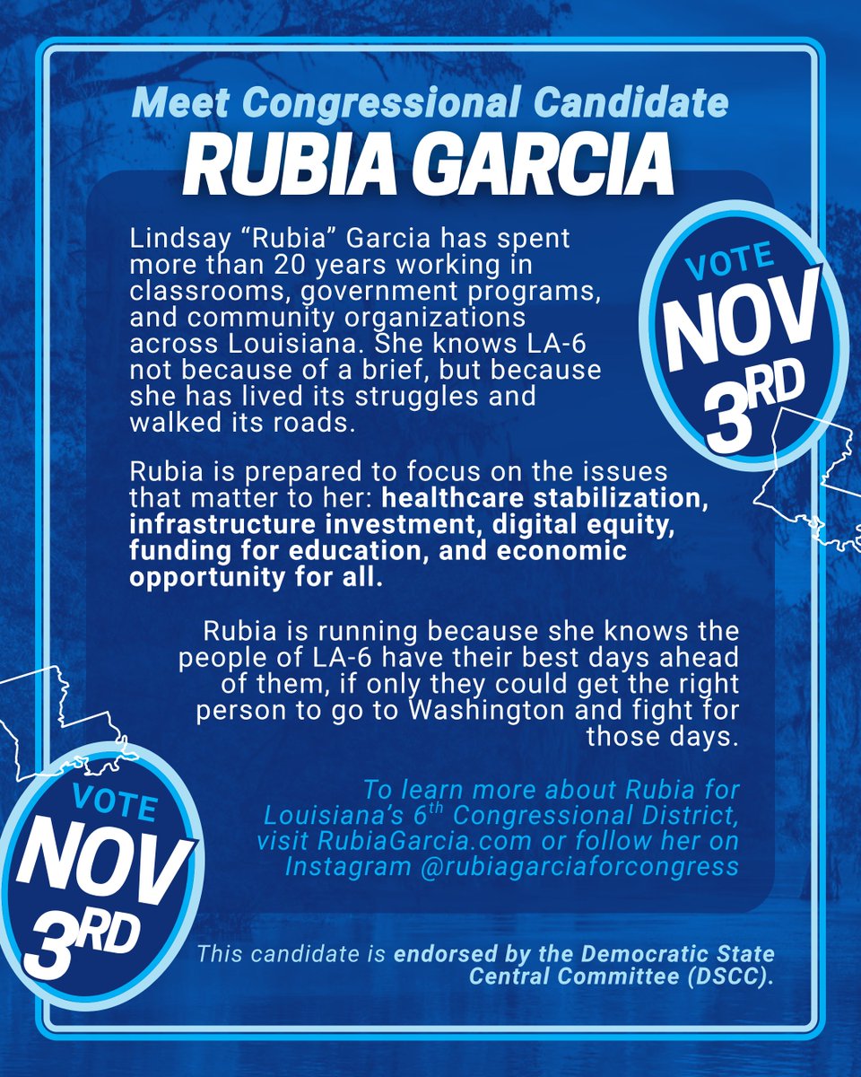 LaDemos's tweet photo. Meet DSCC Endorsed Candidate for Louisiana's 6th Congressional District, Lindsay "Rubia" Garcia!

Early Voting starts October 20th and extends through October 27th, excluding Sundays.
Election Day is November 3rd.
#LaDemos https://t.co/ueZBEeEnjp