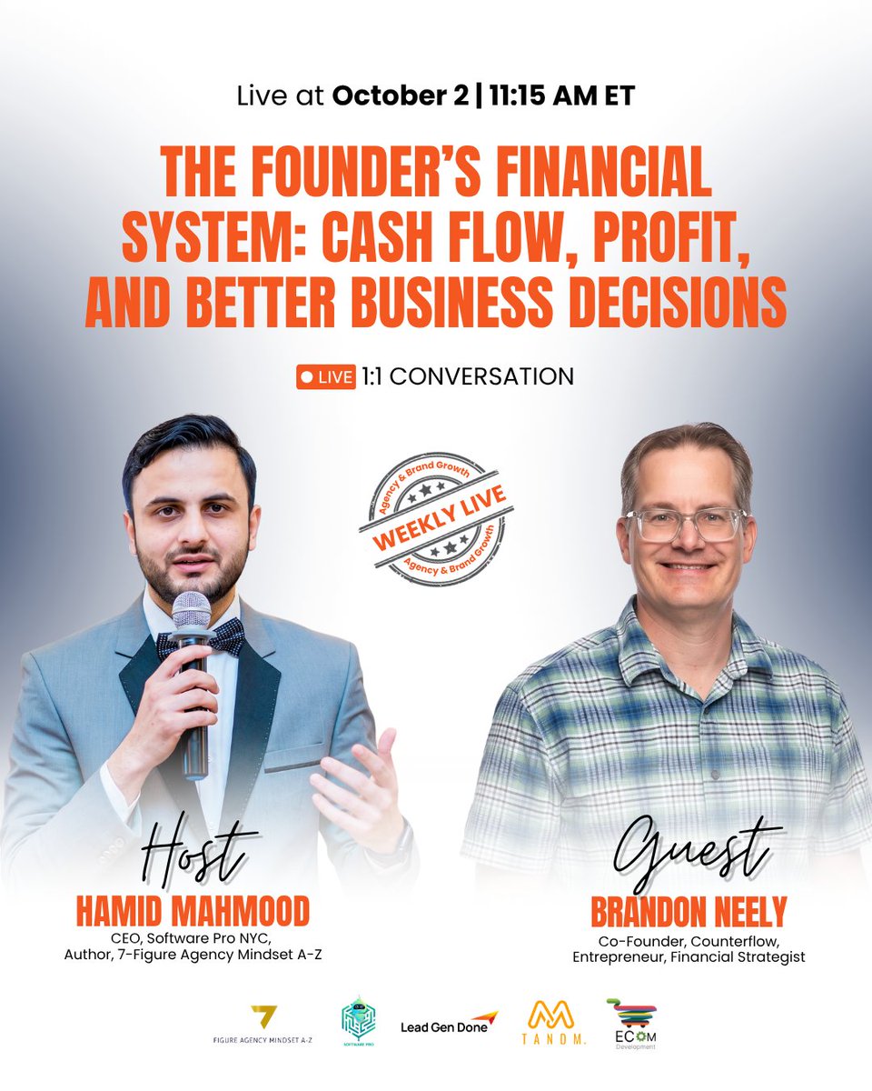 SoftwarePro6's tweet photo. Agency &amp; Brand Growth Weekly Live goes live this Friday, October 2, at 11:15 AM ET.

Mr. Hamid Mahmood, will be hosting the next episode with guest Brandon Neely.

This week’s topic:
The Founder’s Financial System: Cash Flow, Profit, and Better Business Decisions https://t.co/RSV8z25Rhg