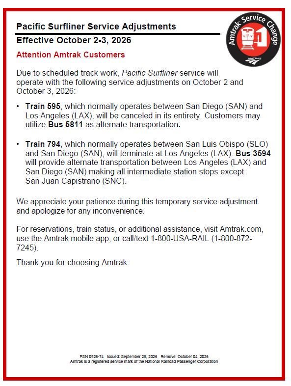 PacSurfliners's tweet photo. Pacific Surfliner Service Adjustments https://t.co/SQKldjAmpg