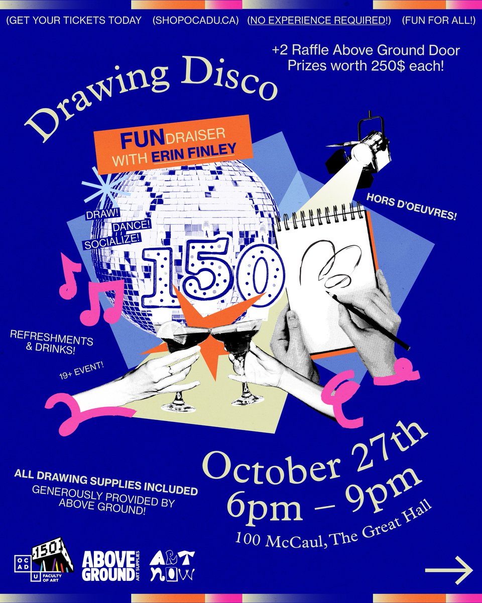 OCAD's tweet photo. Don't miss Drawing Disco! 🪩🎉 A special fundraiser supporting OCAD U's Faculty of Art students. 
Helps future artists in their careers and creates opportunities for co-curricular activities and professional development. 
Learn more + get your ticket: https://t.co/6taVTzyIiR https://t.co/CWj1STsPef