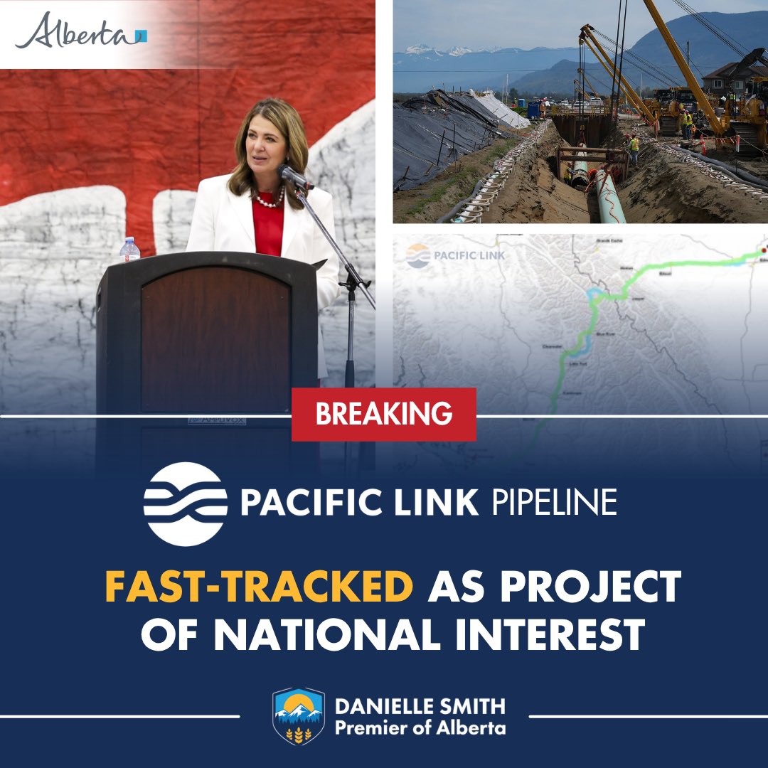 ABDanielleSmith's tweet photo. Alberta’s Pacific Link pipeline is officially a project of national interest. This means the permitting process is fast tracked and we can reach our goal to get final construction permits approved by September of next year!

One million barrels a day from Alberta to the west coast, and from there to the Asia Pacific and beyond. This means greater energy sovereignty for Canada and a better price for every barrel that leaves this province.

That is more than $20 billion a year added to Canada's economy and up to 140,000 jobs in Alberta, British Columbia and across the country.

Here is what it means at your kitchen table. Stronger paycheques. Tens of billions in new revenue for the hospitals, schools and roads Albertans use every day.