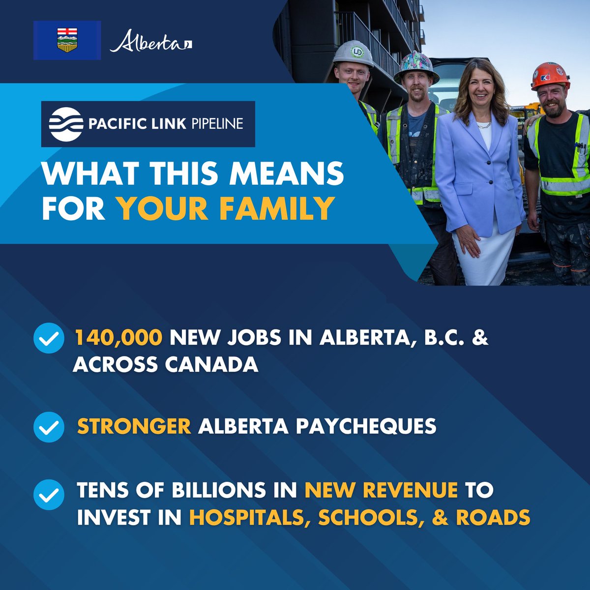 ABDanielleSmith's tweet photo. Alberta’s Pacific Link pipeline is officially a project of national interest. This means the permitting process is fast tracked and we can reach our goal to get final construction permits approved by September of next year!

One million barrels a day from Alberta to the west coast, and from there to the Asia Pacific and beyond. This means greater energy sovereignty for Canada and a better price for every barrel that leaves this province.

That is more than $20 billion a year added to Canada's economy and up to 140,000 jobs in Alberta, British Columbia and across the country.

Here is what it means at your kitchen table. Stronger paycheques. Tens of billions in new revenue for the hospitals, schools and roads Albertans use every day.