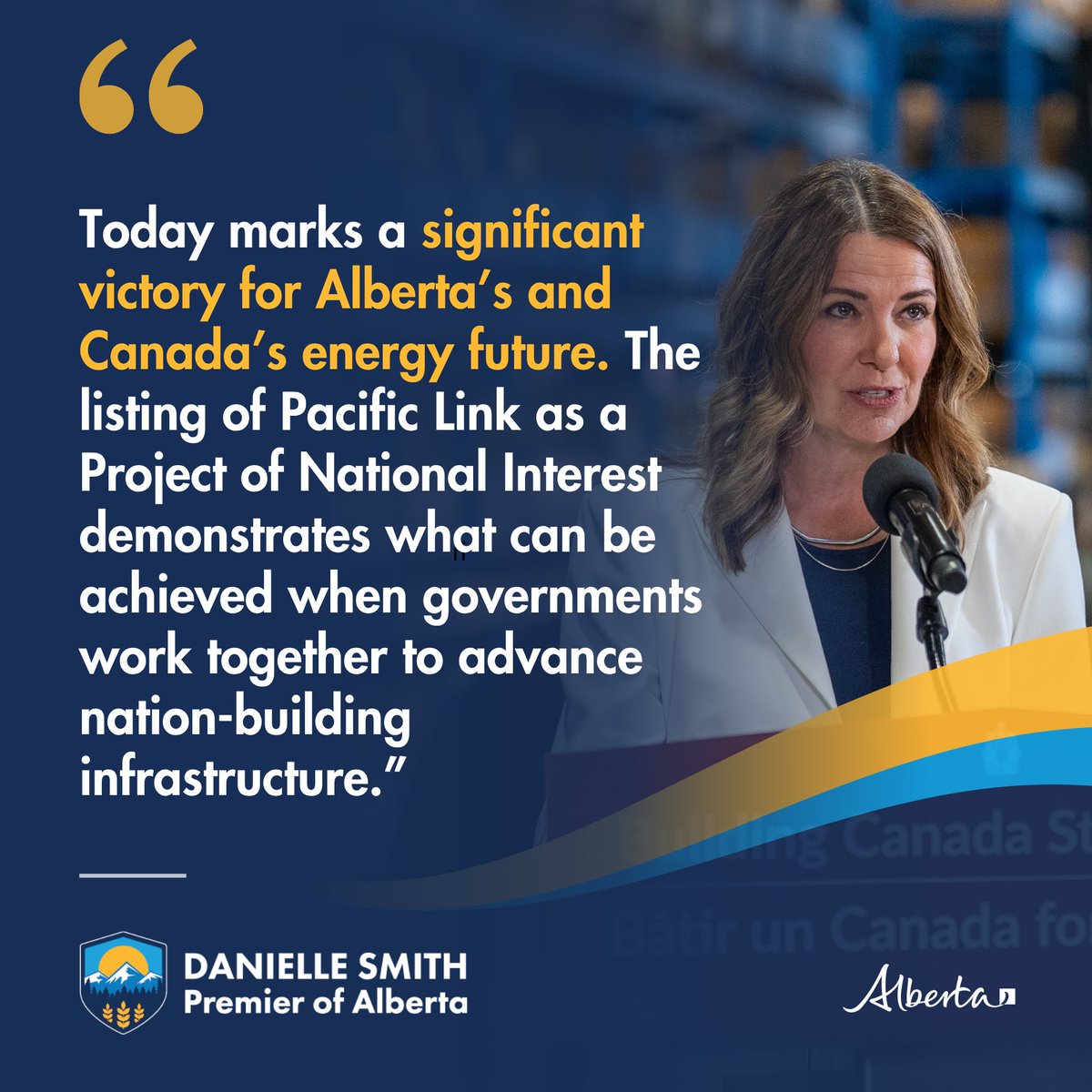 ABDanielleSmith's tweet photo. Alberta’s Pacific Link pipeline is officially a project of national interest. This means the permitting process is fast tracked and we can reach our goal to get final construction permits approved by September of next year!

One million barrels a day from Alberta to the west coast, and from there to the Asia Pacific and beyond. This means greater energy sovereignty for Canada and a better price for every barrel that leaves this province.

That is more than $20 billion a year added to Canada's economy and up to 140,000 jobs in Alberta, British Columbia and across the country.

Here is what it means at your kitchen table. Stronger paycheques. Tens of billions in new revenue for the hospitals, schools and roads Albertans use every day.