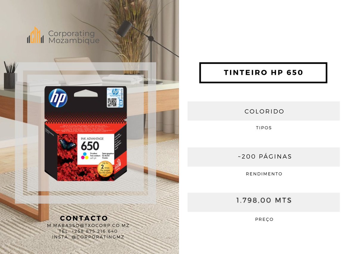 CorporatingMz's tweet photo. 🖋️ Tinteiro HP 650 Colorido
Até 2x mais páginas pelo mesmo custo! 💪
✅ Colorido
📄 Rendimento: ~200 páginas
💰 1.798,00 MT
🖨️ Impressora: HP Deskjet Ink Advantage 1015, 1515, 2515, 2545, 2645, 3515, 3545, 4645
📍 Av. Mao Tsé Tung, Nº 1245 | 📞 875216640 | 📸 @corporatingmz https://t.co/hcqww7q0fN