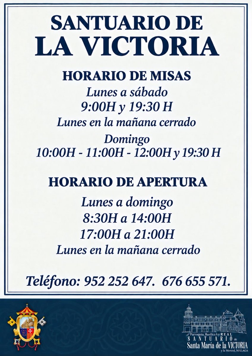 Pvictoriamalaga's tweet photo. Nuevo horario de misas en el Santuario de la Victoria 
#barriodelavictoria #cofradíasmlg @DiocesisMalaga https://t.co/to9lBhJEmh