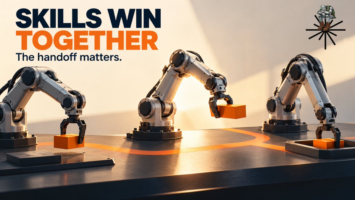 2mrpc's tweet photo. You tell a robot, “Clear the table.” 🦾

One sentence for us.
Several separate shifts for the robot. 😄

Grasp the object.
Move it.
Place it.
Move on to the next.

What caught my attention in the experiments
@axisrobotics shared on September 25
was 𝗰𝗵𝗮𝗶𝗻𝗶𝗻𝗴 𝘀𝗽𝗲𝗰𝗶𝗮𝗹𝗶𝘀𝘁 𝘀𝗸𝗶𝗹𝗹𝘀 𝘁𝗼𝗴𝗲𝘁𝗵𝗲𝗿.

I think of it as a 𝗿𝗲𝗹𝗮𝘆 𝗿𝗮𝗰𝗲. 🏁

Each runner knows their own stretch.
But finishing the race also requires
a clean baton handoff.

Here’s how it works for robots:

🧩 𝗘𝗮𝗰𝗵 𝗘𝘅𝗽𝗲𝗿𝘁 𝗲𝘅𝗲𝗰𝘂𝘁𝗲𝘀 𝗮 𝘀𝗽𝗲𝗰𝗶𝗳𝗶𝗰 𝘀𝗸𝗶𝗹𝗹.

Axis reports that, within a certain operating range,
these Experts can complete their tasks
from different starting states
and under disturbances.

🤝 𝗧𝗵𝗲 𝗵𝗮𝗻𝗱𝗼𝗳𝗳 𝗱𝗼𝗲𝘀𝗻’𝘁 𝗿𝗲𝗾𝘂𝗶𝗿𝗲
𝗮 𝗽𝗲𝗿𝗳𝗲𝗰𝘁 𝘀𝘁𝗮𝗿𝘁𝗶𝗻𝗴 𝘀𝘁𝗮𝘁𝗲.

If the state left by the first Expert
falls within the next Expert’s operating range,
control can pass to it.

🔗 𝗦𝗵𝗼𝗿𝘁 𝘀𝗸𝗶𝗹𝗹𝘀 𝗰𝗼𝗻𝗻𝗲𝗰𝘁
𝗶𝗻𝘁𝗼 𝗹𝗼𝗻𝗴𝗲𝗿 𝗯𝗲𝗵𝗮𝘃𝗶𝗼𝗿𝘀.

Axis says it has chained multiple Experts together
by using one Expert’s ending state
as the next Expert’s input.

🎯 The critical detail, to me:

𝗔 𝘀𝗸𝗶𝗹𝗹’𝘀 𝘃𝗮𝗹𝘂𝗲 𝗴𝗼𝗲𝘀 𝗯𝗲𝘆𝗼𝗻𝗱
𝗳𝗶𝗻𝗶𝘀𝗵𝗶𝗻𝗴 𝗶𝘁𝘀 𝗼𝘄𝗻 𝘁𝗮𝘀𝗸.

The starting state it leaves for the next skill
matters too.

Putting an object somewhere
and putting it where the next step can use it
are two different things.

So alongside
“How many skills does the robot know?”
I’d ask:

“𝗖𝗮𝗻 𝘁𝗵𝗼𝘀𝗲 𝘀𝗸𝗶𝗹𝗹𝘀 𝘄𝗼𝗿𝗸 𝘁𝗼𝗴𝗲𝘁𝗵𝗲𝗿?”

If the baton hits the ground,
having a team of fast runners isn’t enough.