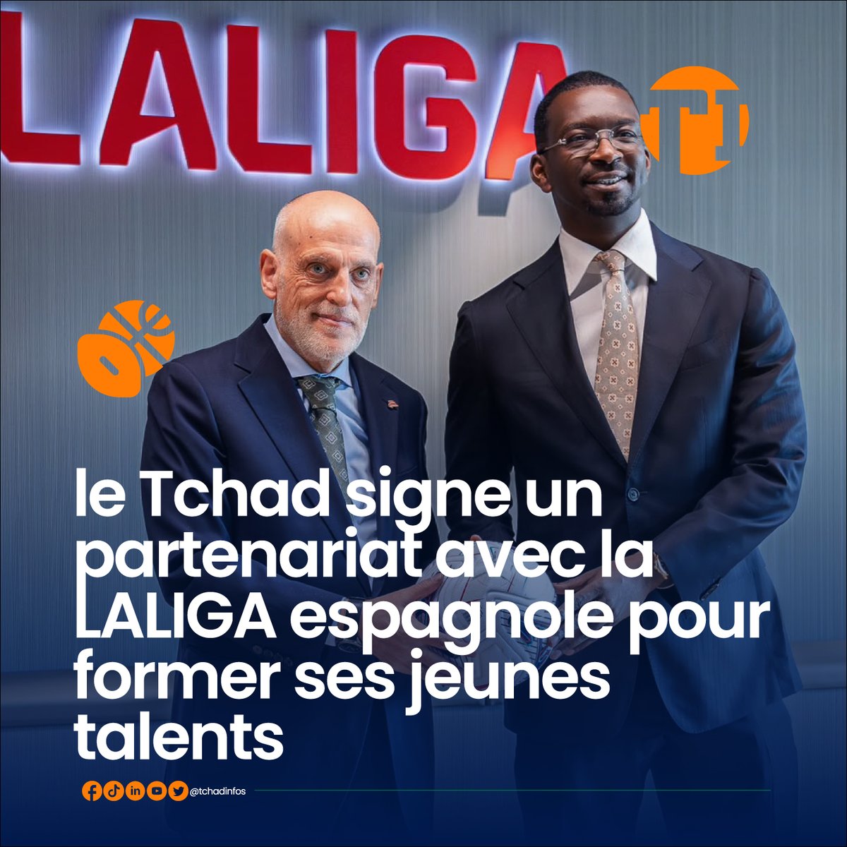 tchadinfos's tweet photo. 🔴 Le #Tchad 🇹🇩 et la #LALIGA ont officialisé à Madrid un partenariat destiné à développer le football tchadien. Cette collaboration, présentée comme une première en Afrique subsaharienne, porte notamment sur la détection des jeunes talents, la formation des encadreurs, l’accompagnement de la future Académie nationale et la structuration du championnat national.