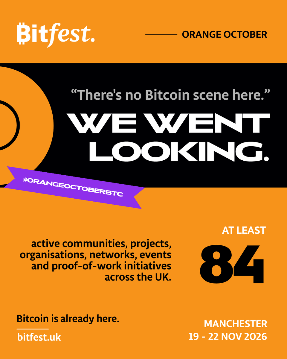 Bitfestuk's tweet photo. โThereโs no Bitcoin scene here.โ
We went looking.
Across the UK & Ireland, we found at least 84 active communities, projects, organisations, networks, events and proof-of-work initiatives.
Bitcoin isnโt waiting to arrive.
Itโs already here.
#OrangeOctoberBTC https://t.co/05LJ5AVTGs