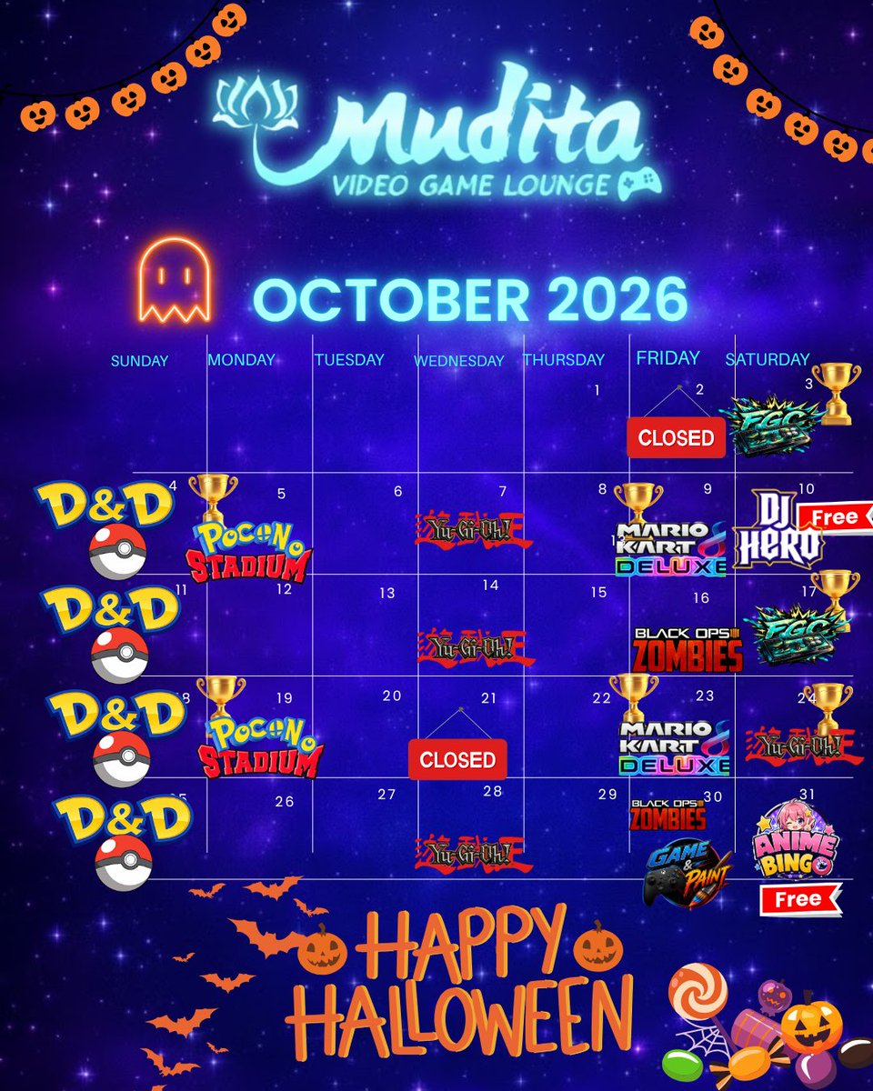 MuditaGaming's tweet photo. 🎃🎮 OCTOBER EVENTS ARE HERE!

🧟 Zombie Challenges
🏎️ New Tournament Series
🍥 Anime Bingo
🎮 And more!

Don’t miss October at Mudita. 🔥

See you at the lounge! https://t.co/fnpZiQLAGJ