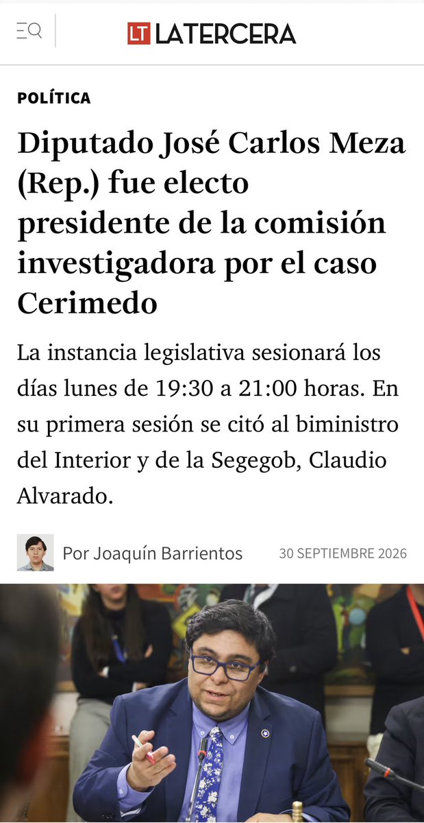 Eneatipo7's tweet photo. SÓLO EN CHILE
El diputado REPUBLICANO Carlos Meza presidirá la comisión que investigará el caso Cerimedo, que involucra al partido REPUBLICANO en la operación de bots y en la difusión de información falsa.
Todo muy ético y normal. https://t.co/K83R0tfs3i