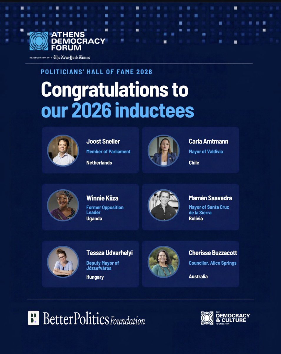 WinnieKiiza's tweet photo. I am deeply honoured to be named among the 2026 inductees into the Politicians’ Hall of Fame, alongside five political leaders from four continents. I receive this recognition with humility and gratitude. For me, politics has always been about people, public service and the courage to remain committed to what is right, even when the circumstances are difficult.

Thank you to the Athens Democracy Forum and the Better Politics Foundation for this recognition. I share it with everyone who continues to believe that politics can be a force for public good. Better politics begins with the people who choose to practice it.