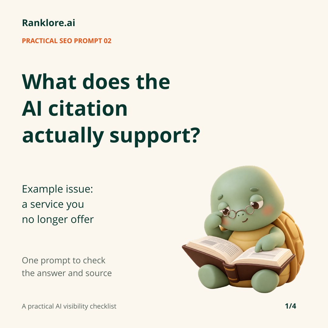 ranklore's tweet photo. AI mentions a service you no longer offer? Open its citation.

Use this prompt to compare the answer, page and verified facts. Correct outdated content you control. Keep accurate text unchanged. Log other mismatches, then retest.

Prompt and worked method below. https://t.co/xhiSuVwidE
