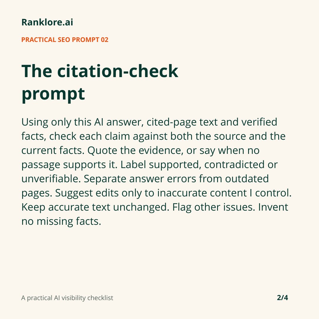 ranklore's tweet photo. AI mentions a service you no longer offer? Open its citation.

Use this prompt to compare the answer, page and verified facts. Correct outdated content you control. Keep accurate text unchanged. Log other mismatches, then retest.

Prompt and worked method below. https://t.co/xhiSuVwidE