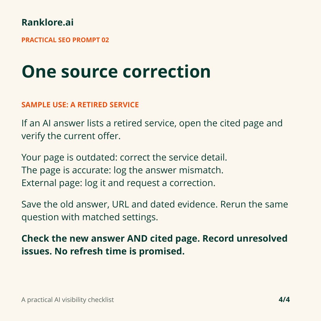 ranklore's tweet photo. AI mentions a service you no longer offer? Open its citation.

Use this prompt to compare the answer, page and verified facts. Correct outdated content you control. Keep accurate text unchanged. Log other mismatches, then retest.

Prompt and worked method below. https://t.co/xhiSuVwidE
