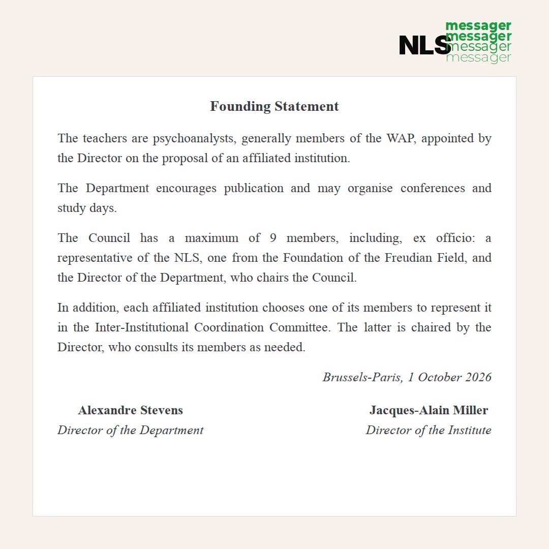 NLS_AMP's tweet photo. [nls-messager] Statement by Jacques-Alain Miller — Founding Statement of the Department of Lacanian Studies https://t.co/dfnCaV7UEj