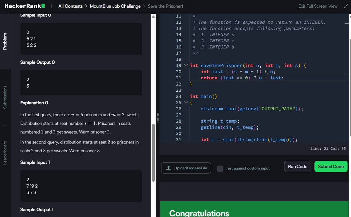Muskanm_1227's tweet photo. Day 146/150 #150DaysOfCode | Daily DSA Practice Part 2 β‘
4. Save the Prisoner!: O(1) TC | O(1) SC
5. Beautiful Days at the Movies: O(N * log10(M)) TC | O(1) SC
#DSA #HackerRank #Cpp #Coding https://t.co/ZMPjnED2eG